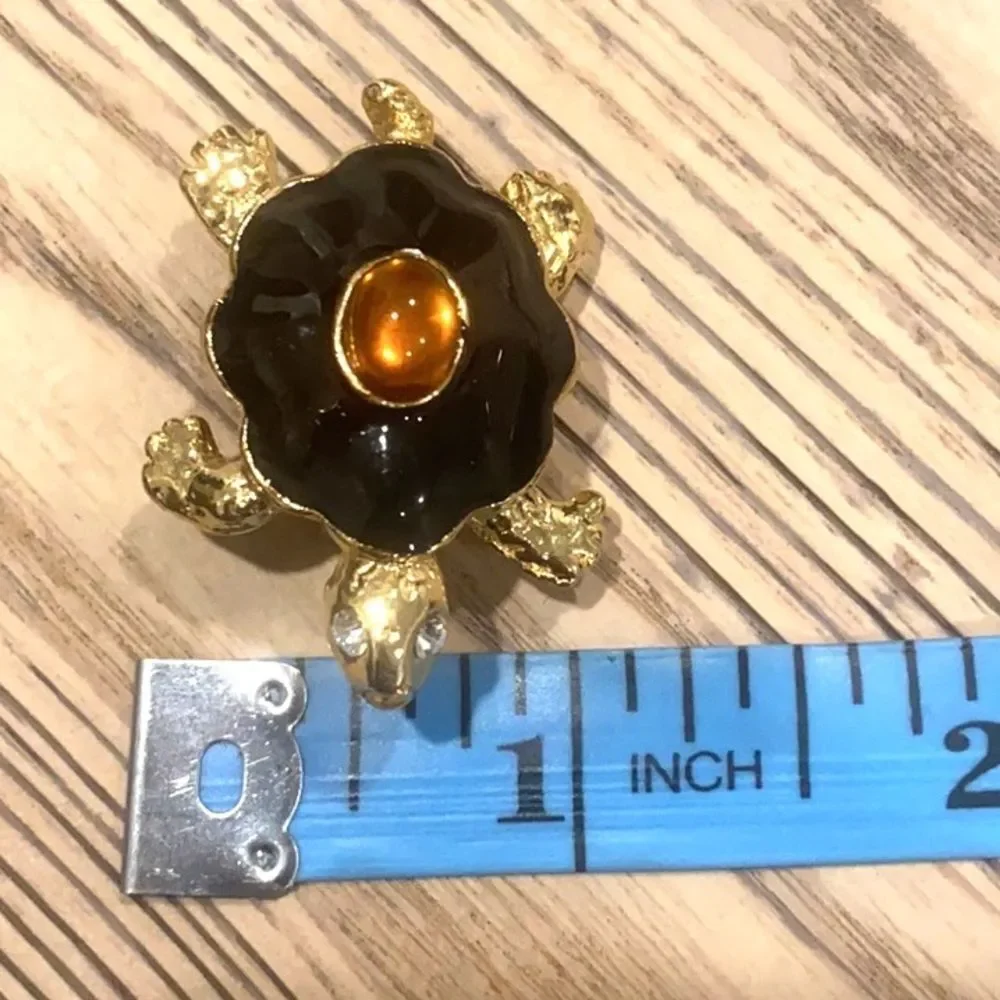 Vintage Gold Enamel Amber Stone Turtle Pin Brooch